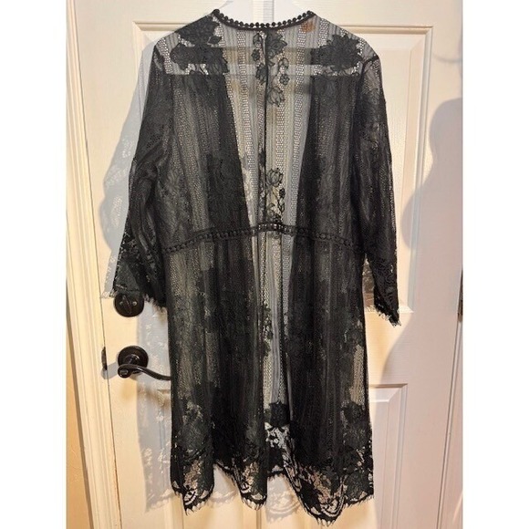 EUC me&u black lace boho fringe ends open front cardigan sheer cover up Size 1X - Picture 6 of 8